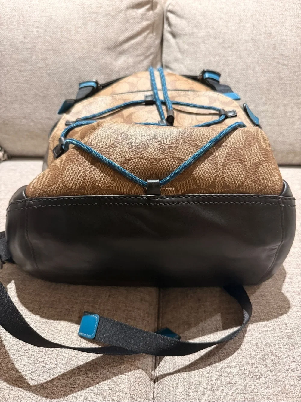 Coach Men’s Brown Signature Canvas Backpack with Blue Trim & Black Flap
